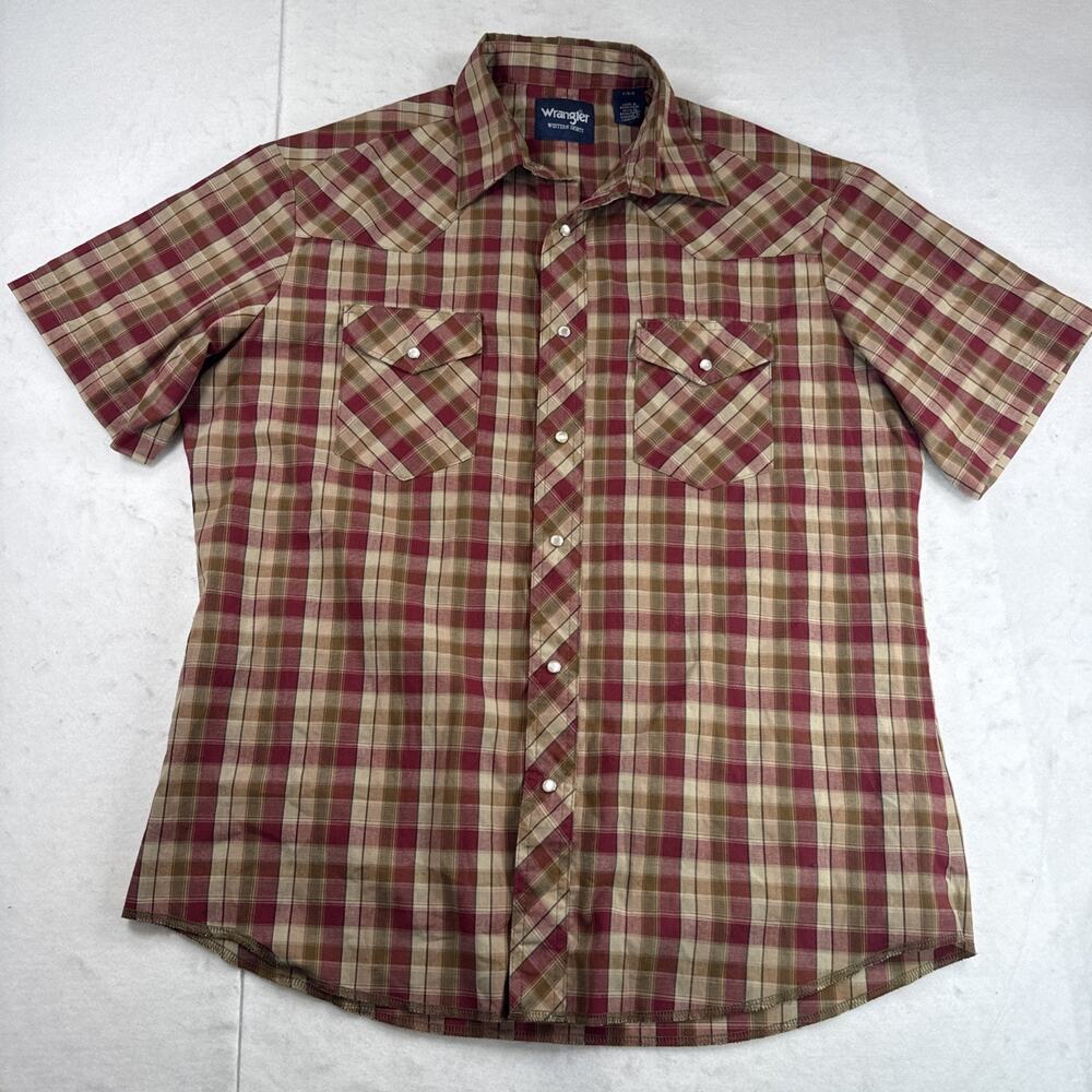 Wrangler Men's Western Sport Pearl Snap Shirt Plaid Short Sleeve Large Red Tan